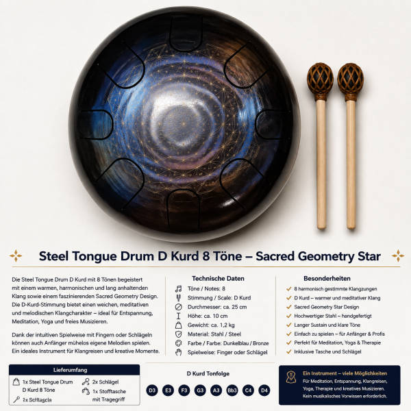 Steel Tongue Drum D Kurd 8 Töne – Sacred Geometry